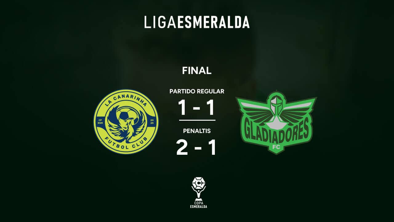 Eliminatorias de la 1era Copa Esmeralda: ¡Se logró! 12 Empate en la final de la Liga Esmeralda entre La Canarinha y Gladiadores FC, con marcador 1-1 en el partido regular y 2-1 en penaltis, en el marco de la Copa Esmeralda.